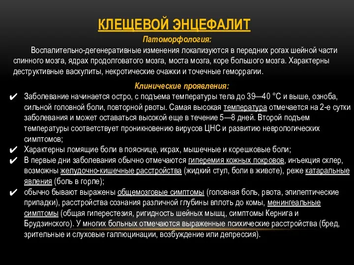 КЛЕЩЕВОЙ ЭНЦЕФАЛИТ Патоморфология: Воспалительно-дегенеративные изменения локализуются в передних рогах шейной