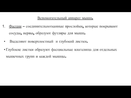 Вспомогательный аппарат мышц. Фасции – соединительнотканные прослойки, которые покрывают сосуды,