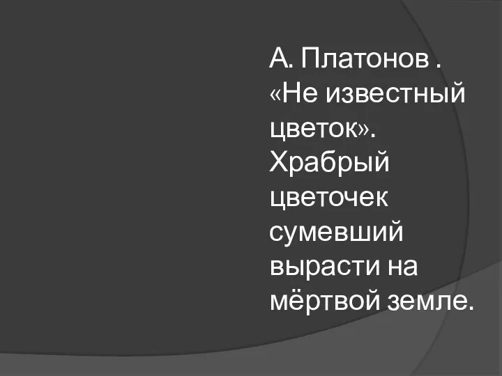 А. Платонов . «Не известный цветок». Храбрый цветочек сумевший вырасти на мёртвой земле.