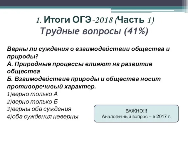 1. Итоги ОГЭ-2018 (Часть 1) Трудные вопросы (41%) Верны ли суждения о взаимодействии