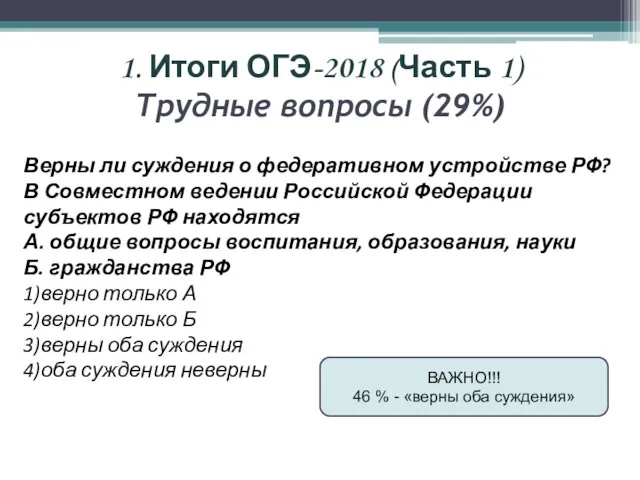 1. Итоги ОГЭ-2018 (Часть 1) Трудные вопросы (29%) Верны ли