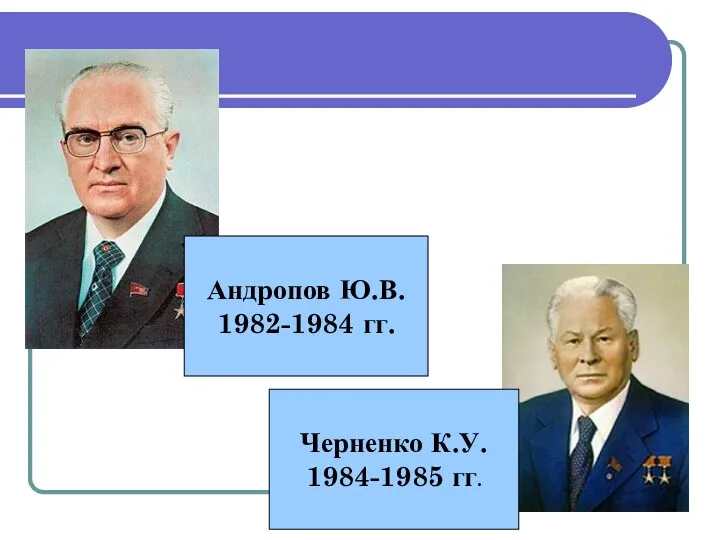 Андропов Ю.В. 1982-1984 гг. Черненко К.У. 1984-1985 гг.