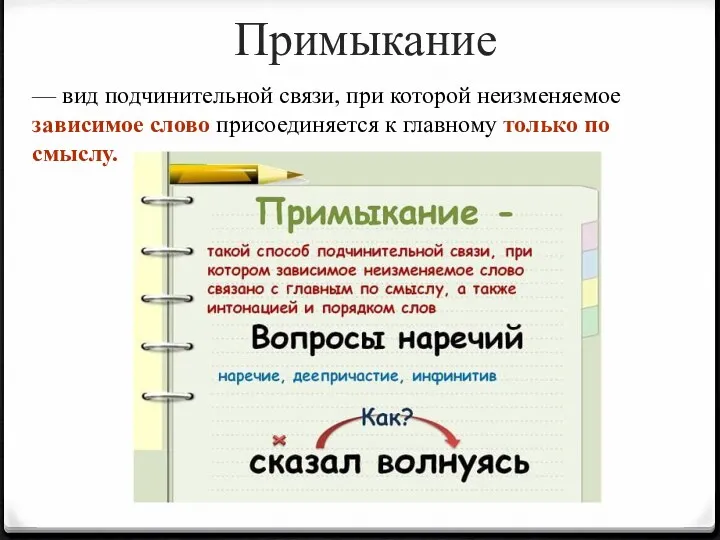 Примыкание — вид подчинительной связи, при которой неизменяемое зависимое слово присоединяется к главному только по смыслу.