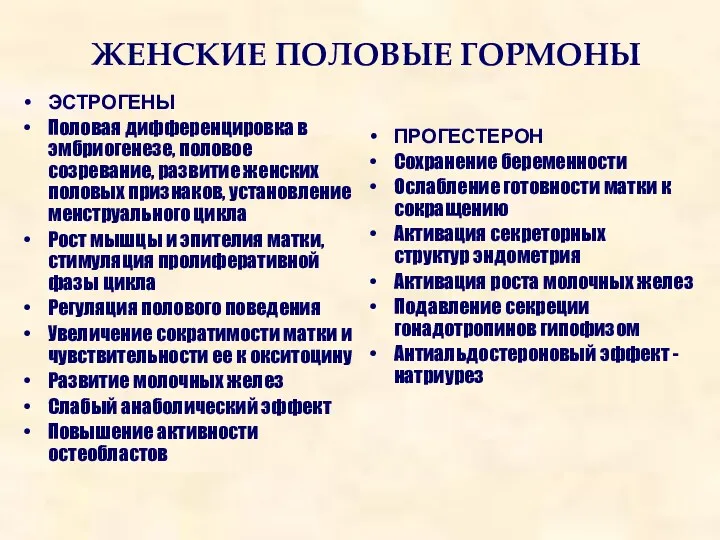 ЖЕНСКИЕ ПОЛОВЫЕ ГОРМОНЫ ЭСТРОГЕНЫ Половая дифференцировка в эмбриогенезе, половое созревание,