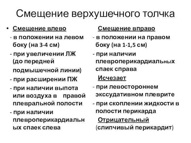 Смещение верхушечного толчка Смещение влево - в положении на левом