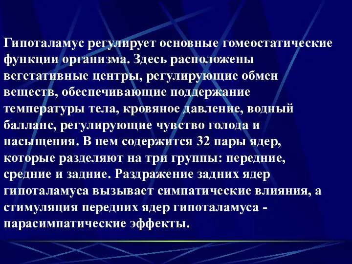 Гипоталамус регулирует основные гомеостатические функции организма. Здесь расположены вегетативные центры,