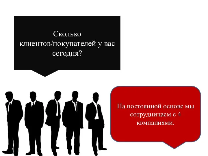 Сколько клиентов/покупателей у вас сегодня? На постоянной основе мы сотрудничаем с 4 компаниями.