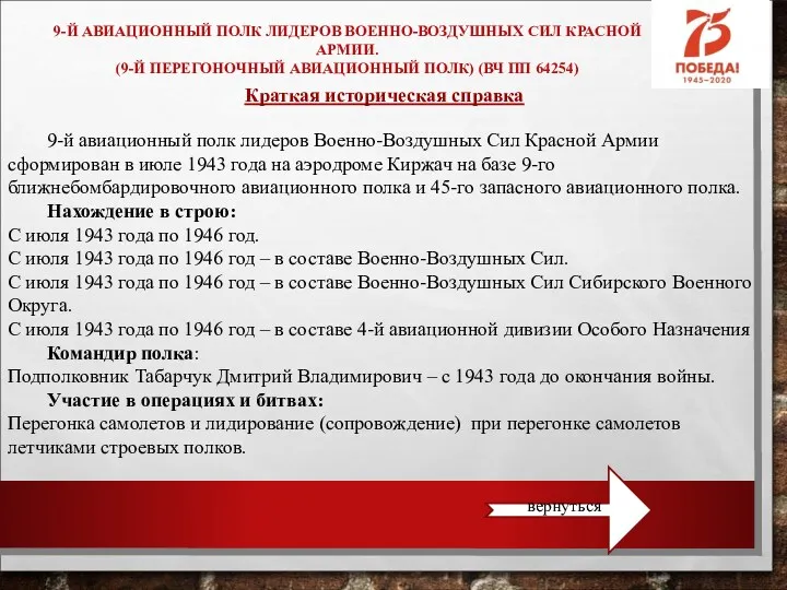 Краткая историческая справка 9-й авиационный полк лидеров Военно-Воздушных Сил Красной Армии сформирован в