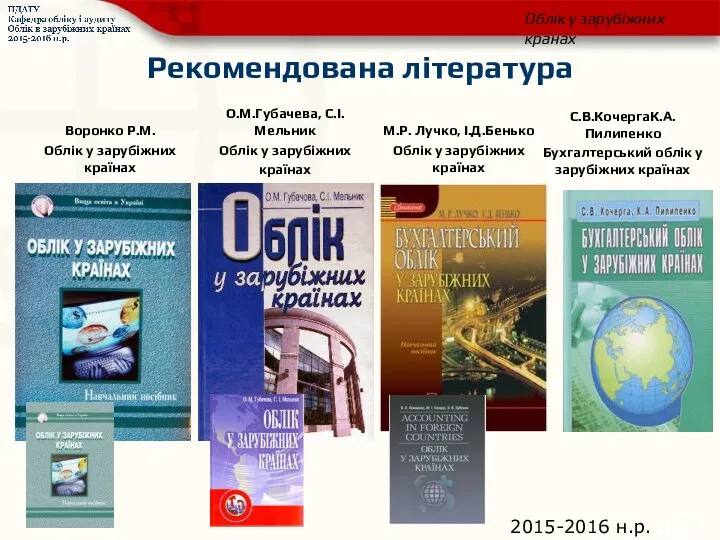 Рекомендована література М.Р. Лучко, І.Д.Бенько Облік у зарубіжних країнах 2015-2016