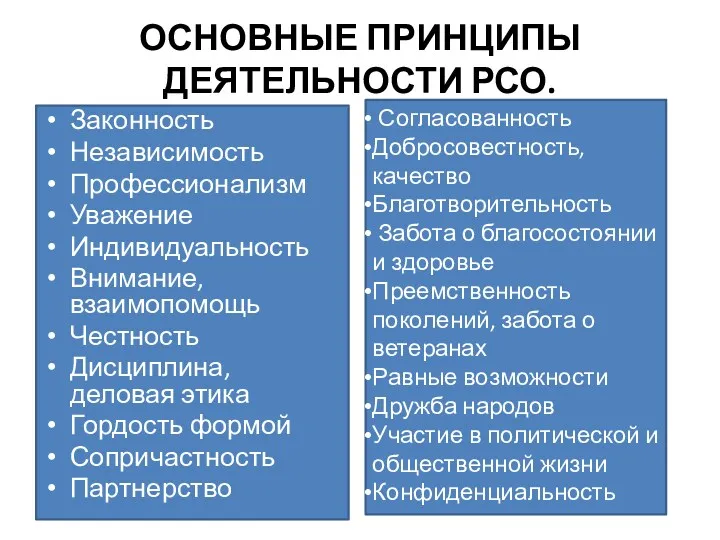 ОСНОВНЫЕ ПРИНЦИПЫ ДЕЯТЕЛЬНОСТИ РСО. Законность Независимость Профессионализм Уважение Индивидуальность Внимание,