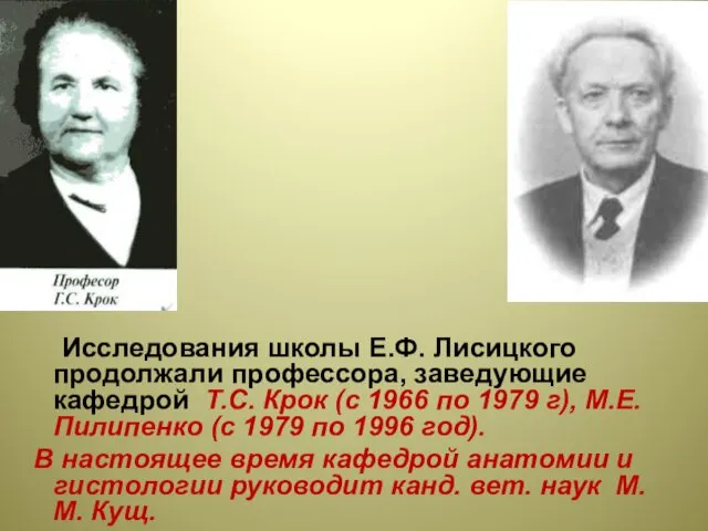 Исследования школы Е.Ф. Лисицкого продолжали профессора, заведующие кафедрой Т.С. Крок