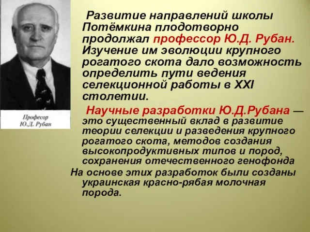 Развитие направлений школы Потёмкина плодотворно продолжал профессор Ю.Д. Рубан. Изучение