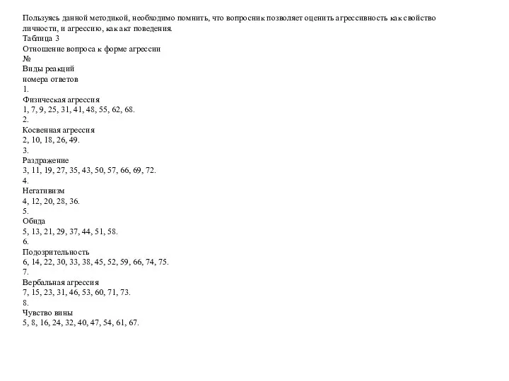 Пользуясь данной методикой, необходимо помнить, что вопросник позволяет оценить агрессивность