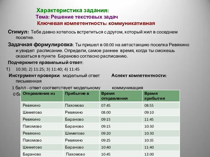 Характеристика задания: Тема: Решение текстовых задач Ключевая компетентность: коммуникативная Стимул: