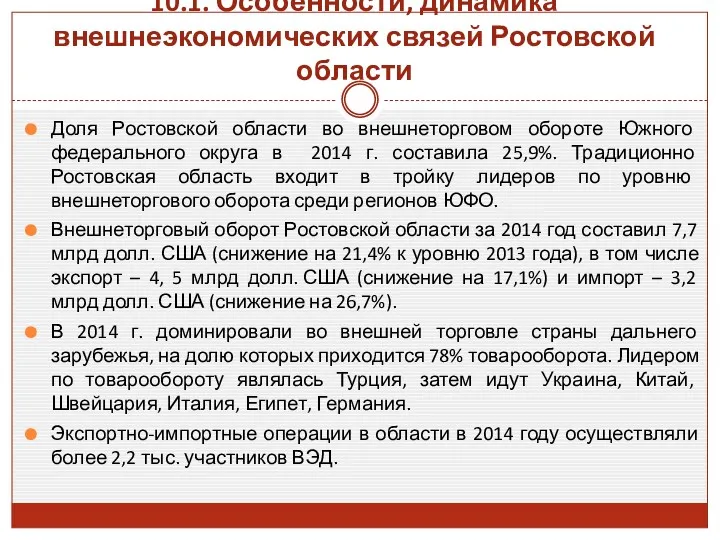 10.1. Особенности, динамика внешнеэкономических связей Ростовской области Доля Ростовской области