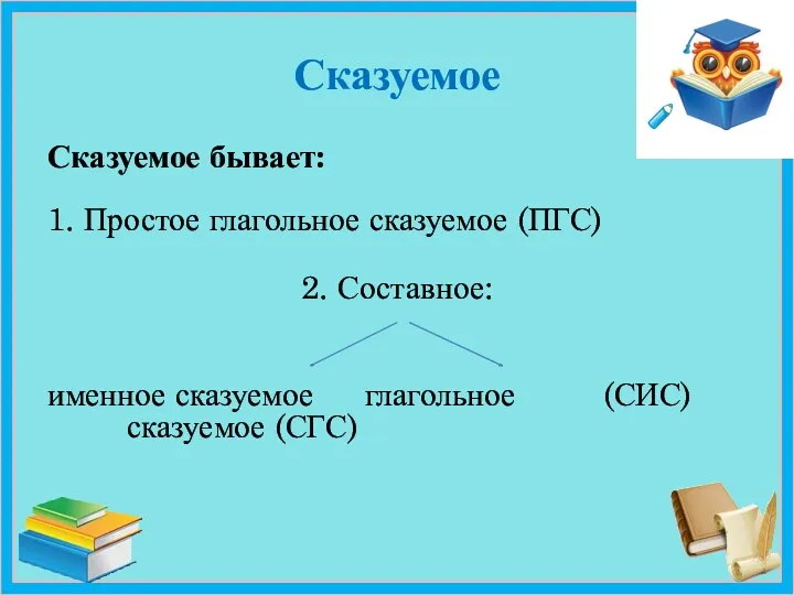 Сказуемое Сказуемое бывает: 1. Простое глагольное сказуемое (ПГС) 2. Составное: именное сказуемое глагольное (СИС) сказуемое (СГС)