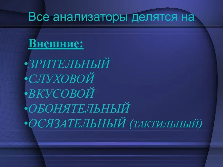 Все анализаторы делятся на Внешние: ЗРИТЕЛЬНЫЙ СЛУХОВОЙ ВКУСОВОЙ ОБОНЯТЕЛЬНЫЙ ОСЯЗАТЕЛЬНЫЙ (ТАКТИЛЬНЫЙ)