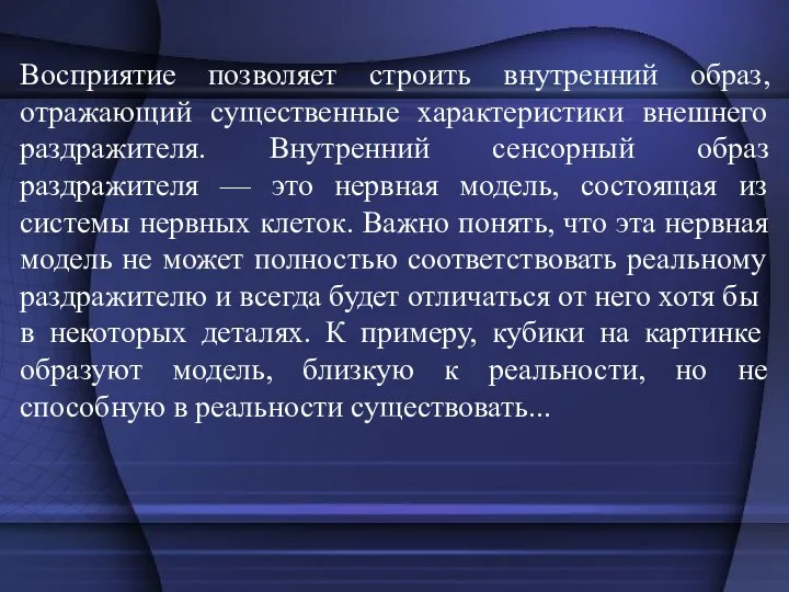 Восприятие позволяет строить внутренний образ, отражающий существенные характеристики внешнего раздражителя. Внутренний сенсорный образ