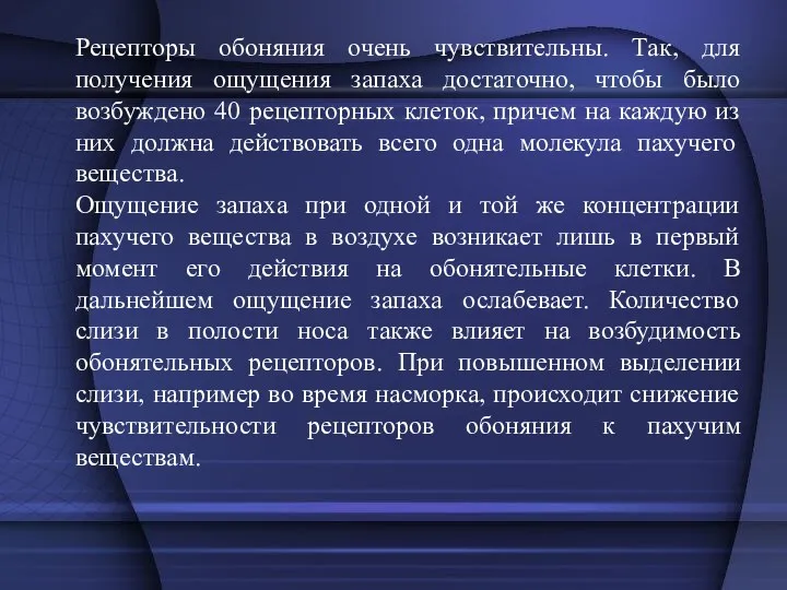 Рецепторы обоняния очень чувствительны. Так, для получения ощущения запаха достаточно, чтобы было возбуждено