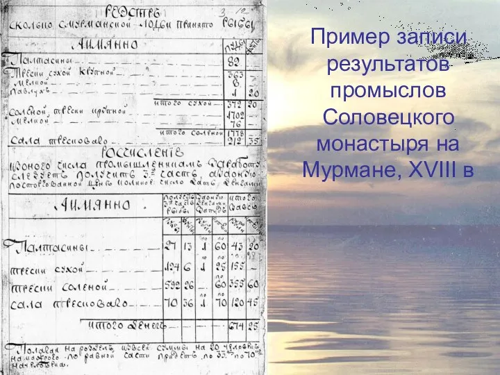 Пример записи результатов промыслов Соловецкого монастыря на Мурмане, XVIII в