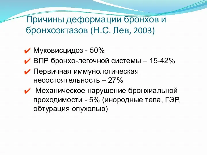 Причины деформации бронхов и бронхоэктазов (Н.С. Лев, 2003) Муковисцидоз -
