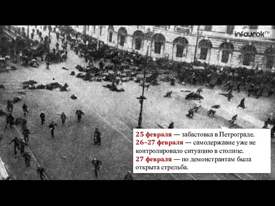 25 февраля — забастовка в Петрограде. 26–27 февраля — самодержавие