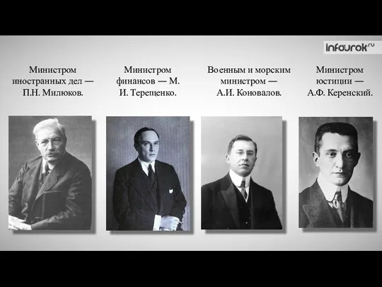 Министром юстиции — А.Ф. Керенский. Министром иностранных дел — П.Н.