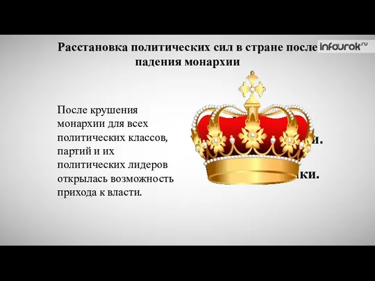 Кадеты. Меньшевики. Эсеры. Большевики. Расстановка политических сил в стране после