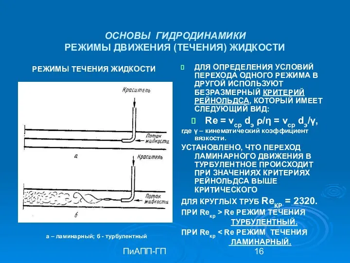 ПиАПП-ГП ОСНОВЫ ГИДРОДИНАМИКИ РЕЖИМЫ ДВИЖЕНИЯ (ТЕЧЕНИЯ) ЖИДКОСТИ ДЛЯ ОПРЕДЕЛЕНИЯ УСЛОВИЙ