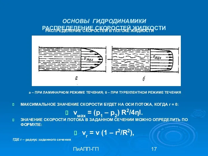 ПиАПП-ГП ОСНОВЫ ГИДРОДИНАМИКИ РАСПРЕДЕЛЕНИЕ СКОРОСТЕЙ ЖИДКОСТИ МАКСИМАЛЬНОЕ ЗНАЧЕНИЕ СКОРОСТИ БУДЕТ