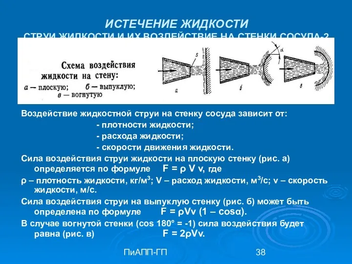 ПиАПП-ГП ИСТЕЧЕНИЕ ЖИДКОСТИ СТРУИ ЖИДКОСТИ И ИХ ВОЗДЕЙСТВИЕ НА СТЕНКИ