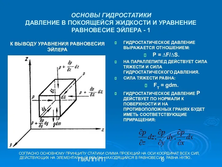 ПиАПП-ГП ОСНОВЫ ГИДРОСТАТИКИ ДАВЛЕНИЕ В ПОКОЯЩЕЙСЯ ЖИДКОСТИ И УРАВНЕНИЕ РАВНОВЕСИЕ