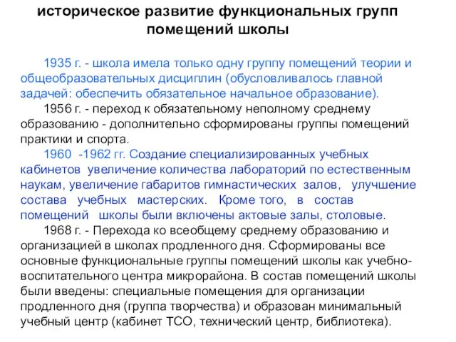 историческое развитие функциональных групп помещений школы 1935 г. - школа