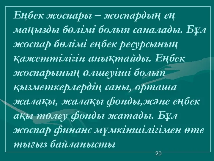 Еңбек жоспары – жоспардың ең маңызды бөлімі болып саналады. Бұл