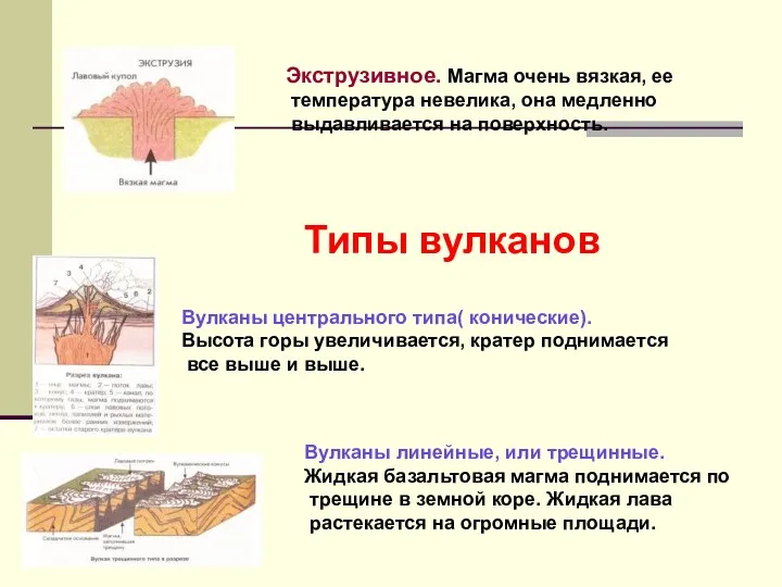 Экструзивное. Магма очень вязкая, ее температура невелика, она медленно выдавливается