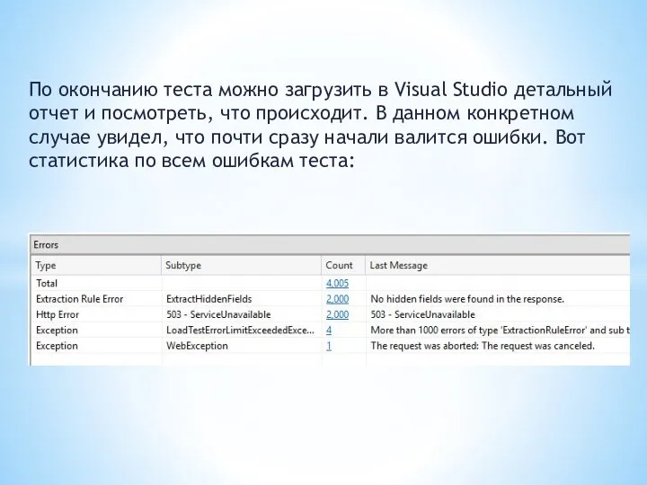 По окончанию теста можно загрузить в Visual Studio детальный отчет и посмотреть, что