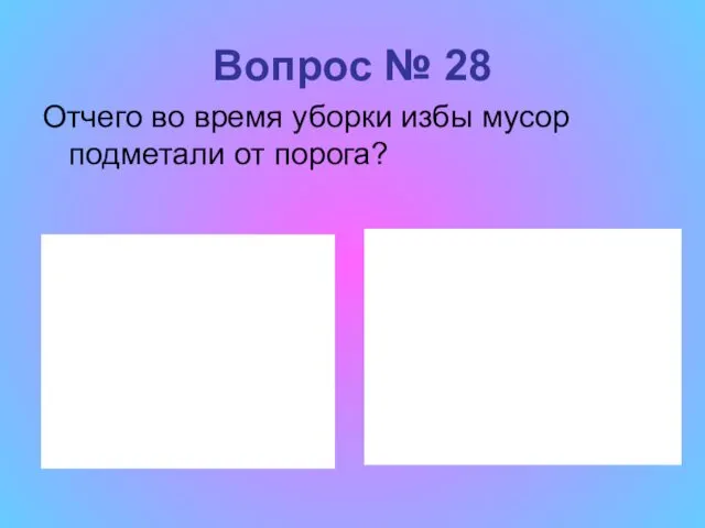 Вопрос № 28 Отчего во время уборки избы мусор подметали от порога?