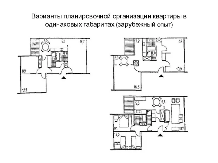 Варианты планировочной организации квартиры в одинаковых габаритах (зарубежный опыт)