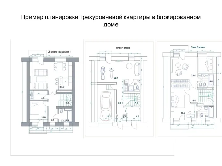 Пример планировки трехуровневой квартиры в блокированном доме