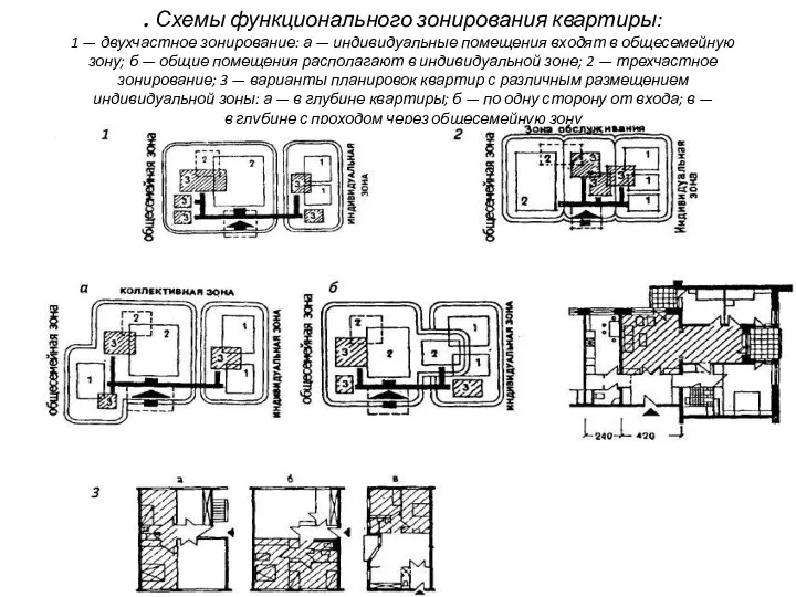 . Схемы функционального зонирования квартиры: 1 — двухчастное зонирование: а