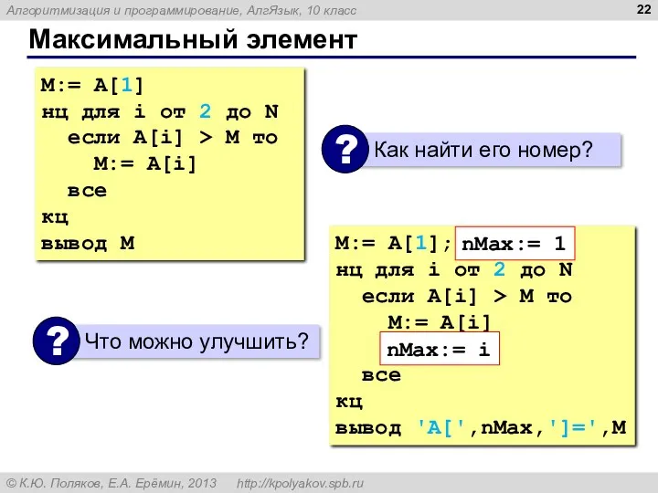 Максимальный элемент M:= A[1] нц для i от 2 до