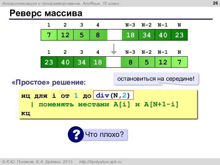 Реверс массива «Простое» решение: нц для i от 1 до