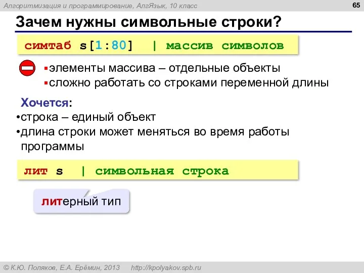 Зачем нужны символьные строки? симтаб s[1:80] | массив символов элементы