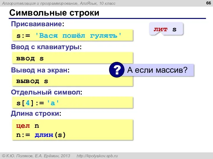 Символьные строки Присваивание: s:= 'Вася пошёл гулять' Ввод с клавиатуры: