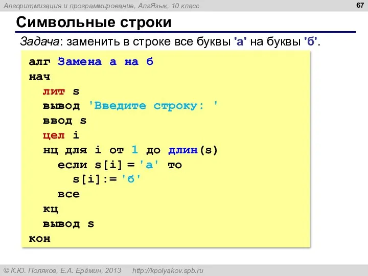 Символьные строки алг Замена а на б нач лит s