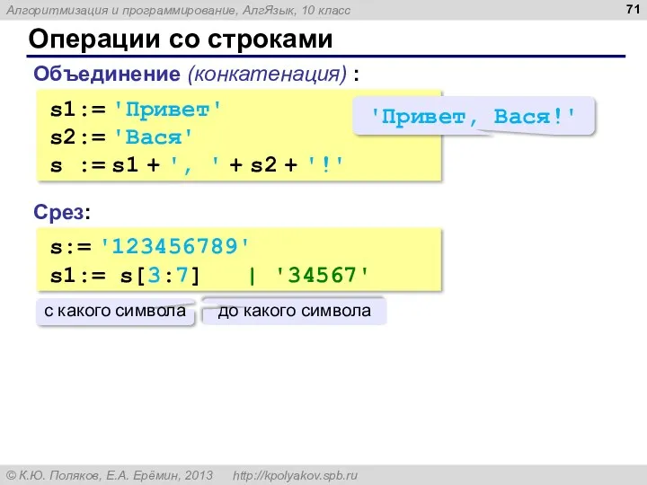 Операции со строками Объединение (конкатенация) : s1:= 'Привет' s2:= 'Вася'