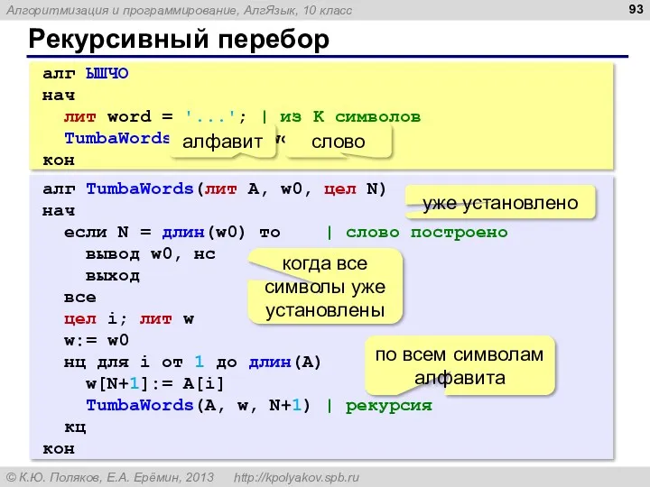 Рекурсивный перебор алг ЫШЧО нач лит word = '...'; |