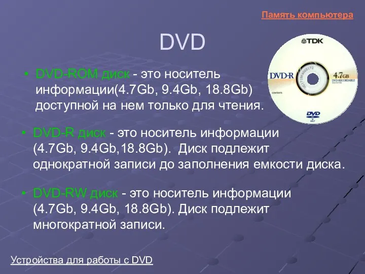 DVD DVD-ROM диск - это носитель информации(4.7Gb, 9.4Gb, 18.8Gb) доступной