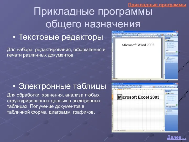 Прикладные программы общего назначения Текстовые редакторы Электронные таблицы Для набора,