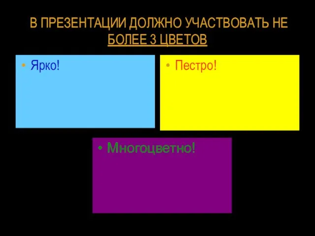 Ярко! Пестро! В ПРЕЗЕНТАЦИИ ДОЛЖНО УЧАСТВОВАТЬ НЕ БОЛЕЕ 3 ЦВЕТОВ Многоцветно!